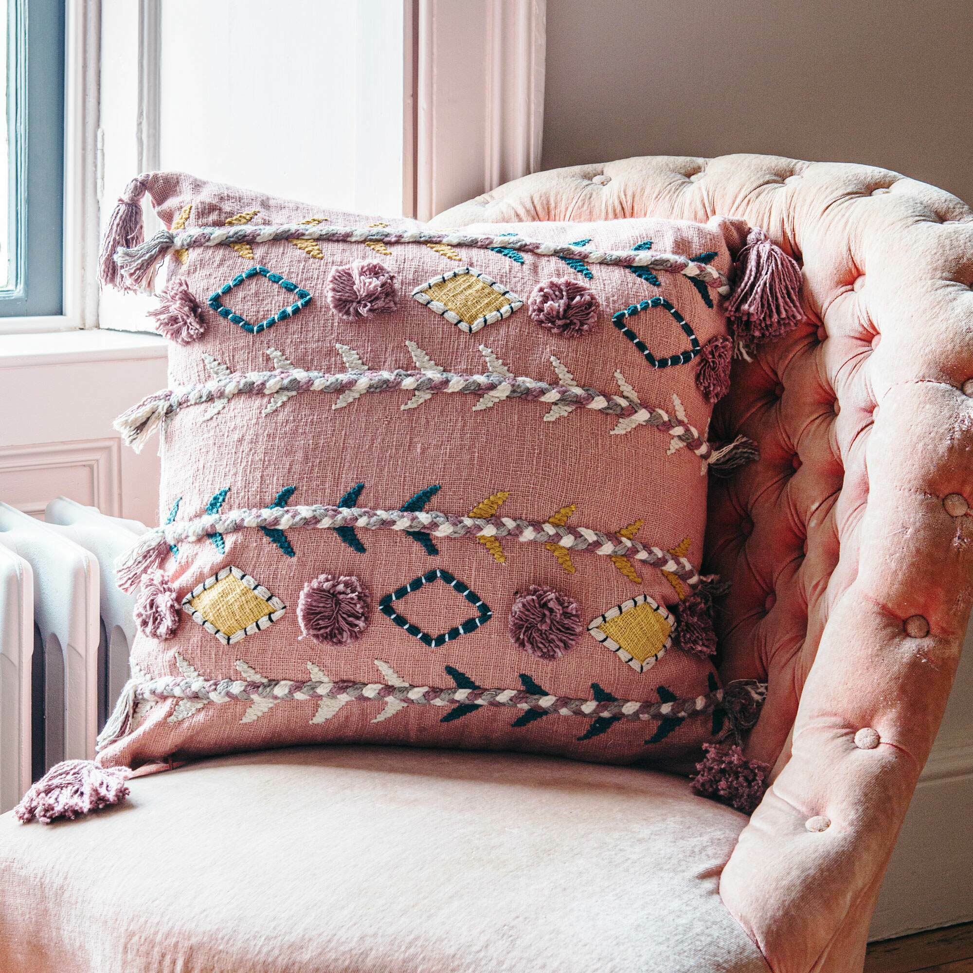 Read more about Graham and green jaz three stripe square cushion with pom poms