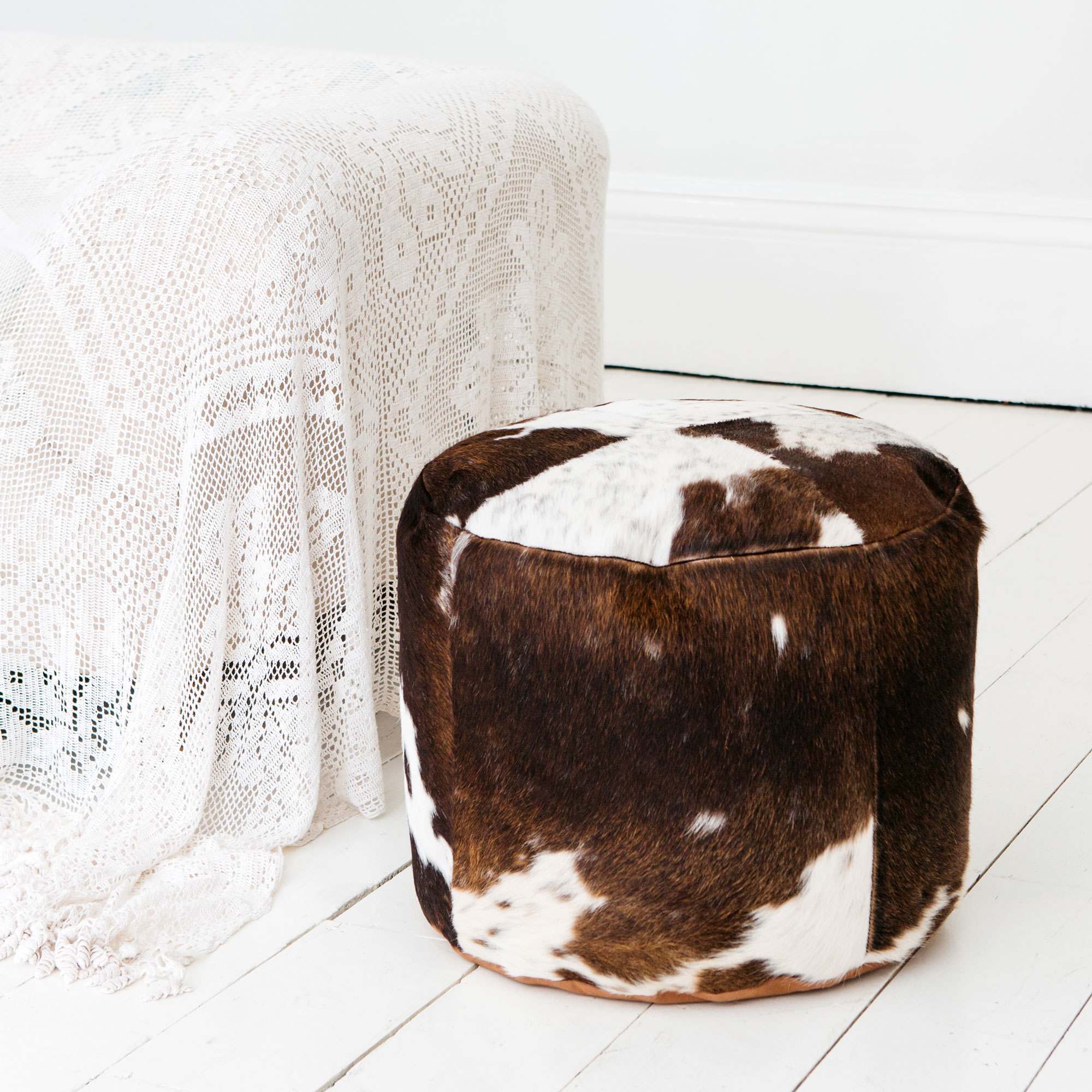 Graham And Green Round Brown And White Cowhide Pouffe