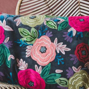 Rectangular Floral Embroidered Velvet Cushion