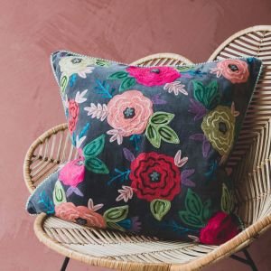 Large Floral Embroidered Velvet Cushion
