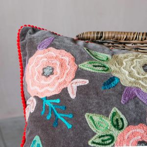 Medium Floral Embroidered Velvet Cushion