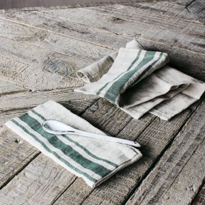 Set of Four Green Stripe Linen Napkins