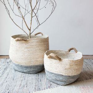 Set of Two Short Grey and White Baskets