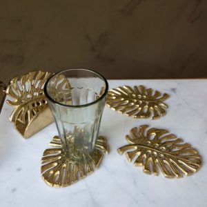Set of Four Brass Palm Leaf Coasters