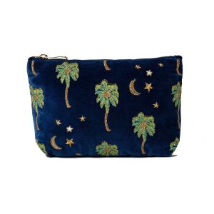 Cobalt Velvet Palm Tree Makeup Bag