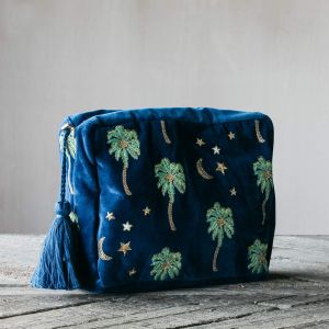 Cobalt Velvet Palm Tree Wash Bag