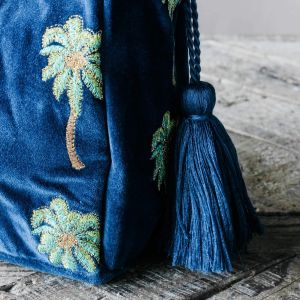 Cobalt Velvet Palm Tree Wash Bag