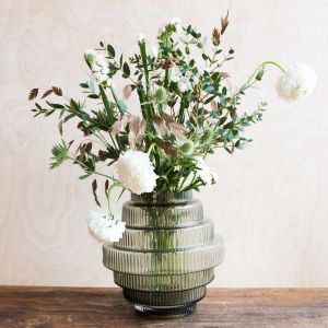 Smoke Green Ribbed Tiered Glass Vase
