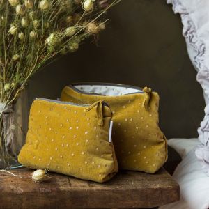 Mustard Dotty Velvet Wash Bags