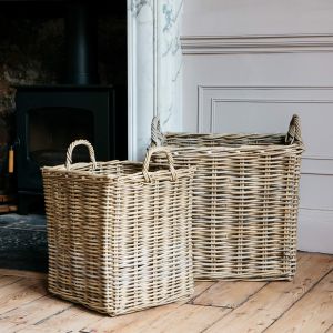 Set of Two Square Wicker Log Baskets