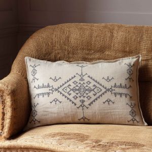 Natural Linen with Grey Embroidery Rectangular Cushion