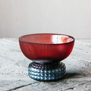Red and Blue Ribbed Glass Bowl