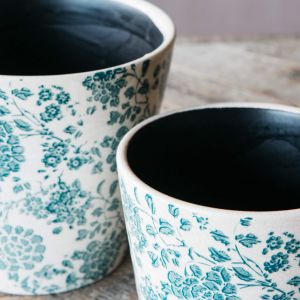 Set of Two Green Floral Plant Pots