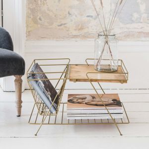 Antiqued Brass and Wood Magazine Rack