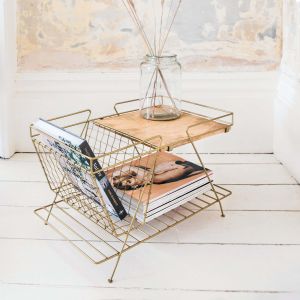 Antiqued Brass and Wood Magazine Rack