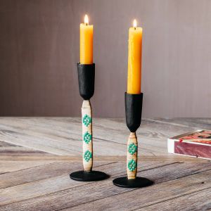 Set of Two Green Bamboo Candle Holders