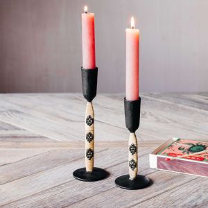 Set of Two Black Bamboo Candle Holders