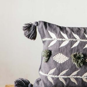Charcoal Embroidery Tassel Cushion