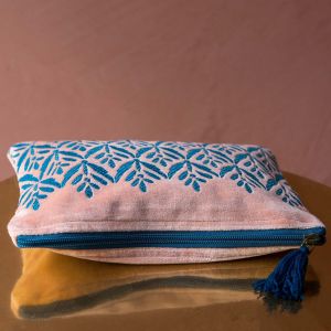 Ava Large Pink and Blue Leaf Velvet Pouch