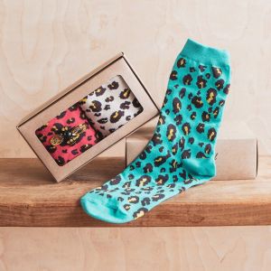 Three Pair Pack of Leopard Socks with Bee Pin