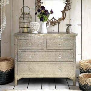Embossed White Metal Chest of Drawers