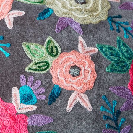 Medium Floral Embroidered Velvet Cushion