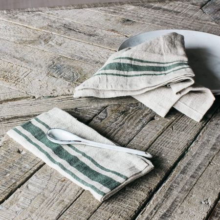 Set of Four Green Stripe Linen Napkins