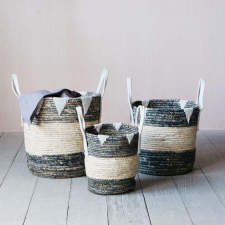 Set of Three Grey and White Rope Baskets