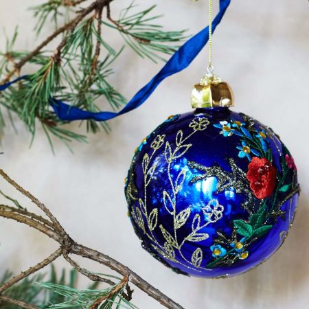 Large Blue Embroidered Bauble