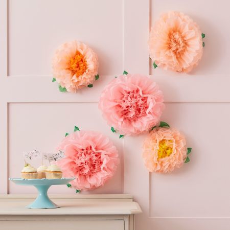 Set of Five Tissue Paper Flower Decorations