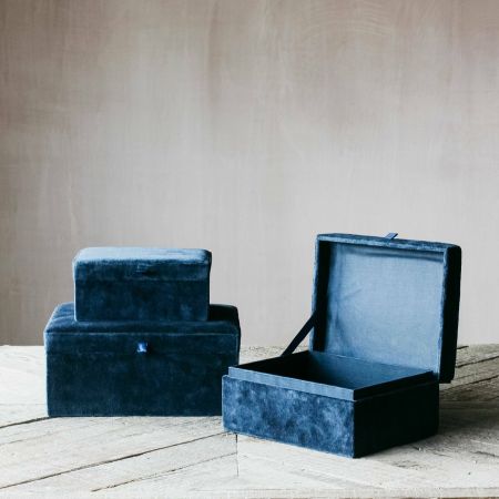 Set of Three Blue Velvet Boxes
