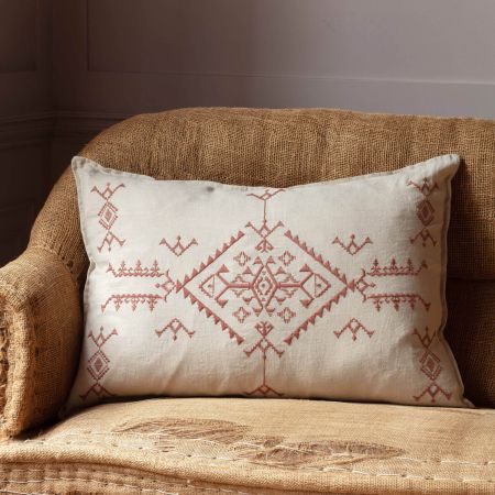 Natural Linen with Rose Pink Embroidery Rectangular Cushion 