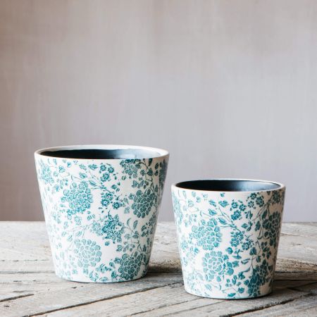 Set of Two Green Floral Plant Pots