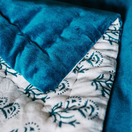 Peacock Blue Velvet Quilts with Printed Reverse