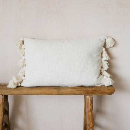 Rectangular Off White Tassel Cushion