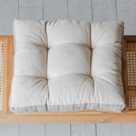 Natural Linen Square Seat Pad with Striped Linen Border