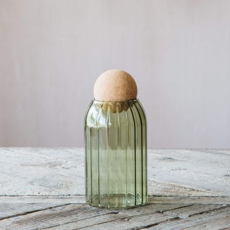 Medium Green Ribbed Glass Storage Jar