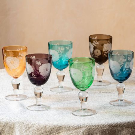 Set of Six Peony Wine Glasses