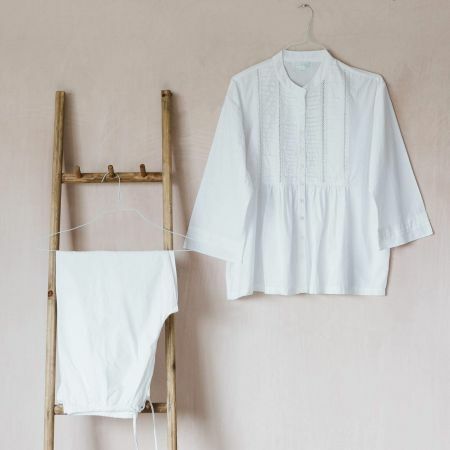 White Cotton Mandarin Collar Pyjamas