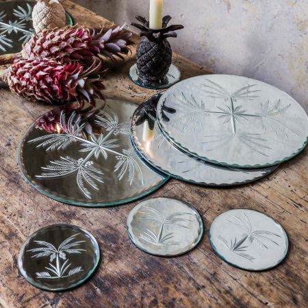 Etched Mirrored Glass Palm Tree Coasters And Place Mats