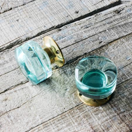 Set of Two Large Round Brass and Aqua Glass Door Knobs