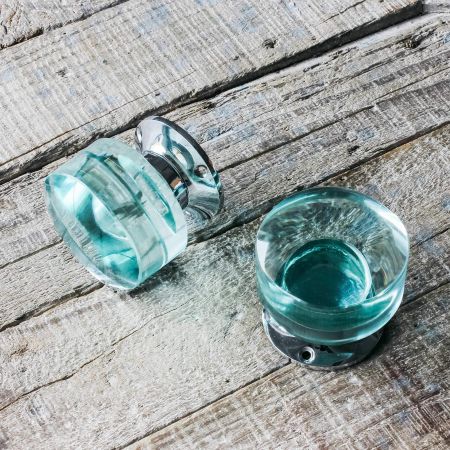 Set of Two Large Round Chrome and Aqua Glass Door Knobs