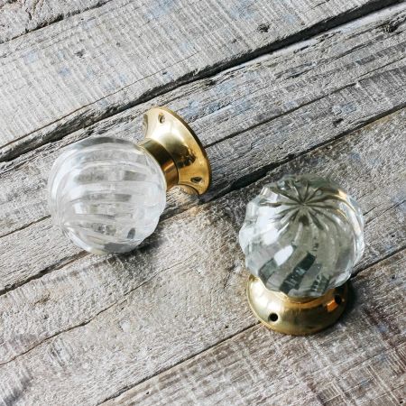 Set of Two Glass and Brass Spiral Melon Door Knobs