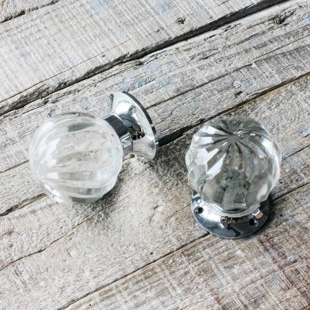 Set of Two Glass and Chrome Spiral Melon Door Knobs