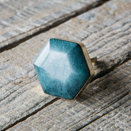 Hexagon Green Marble and Brass Knob