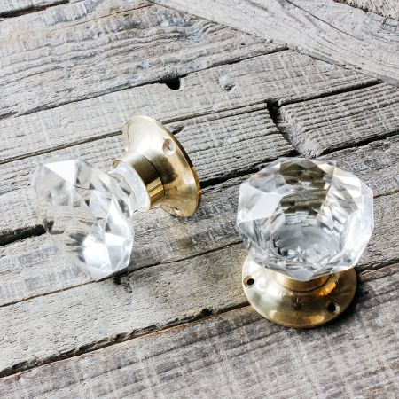 Set of Two Clear Glass and Brass Door Knobs 