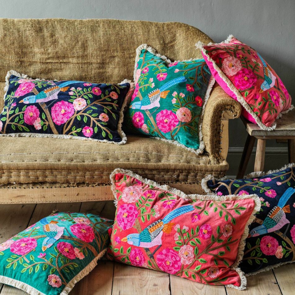 Songbird Square Embroidered Velvet Cushions
