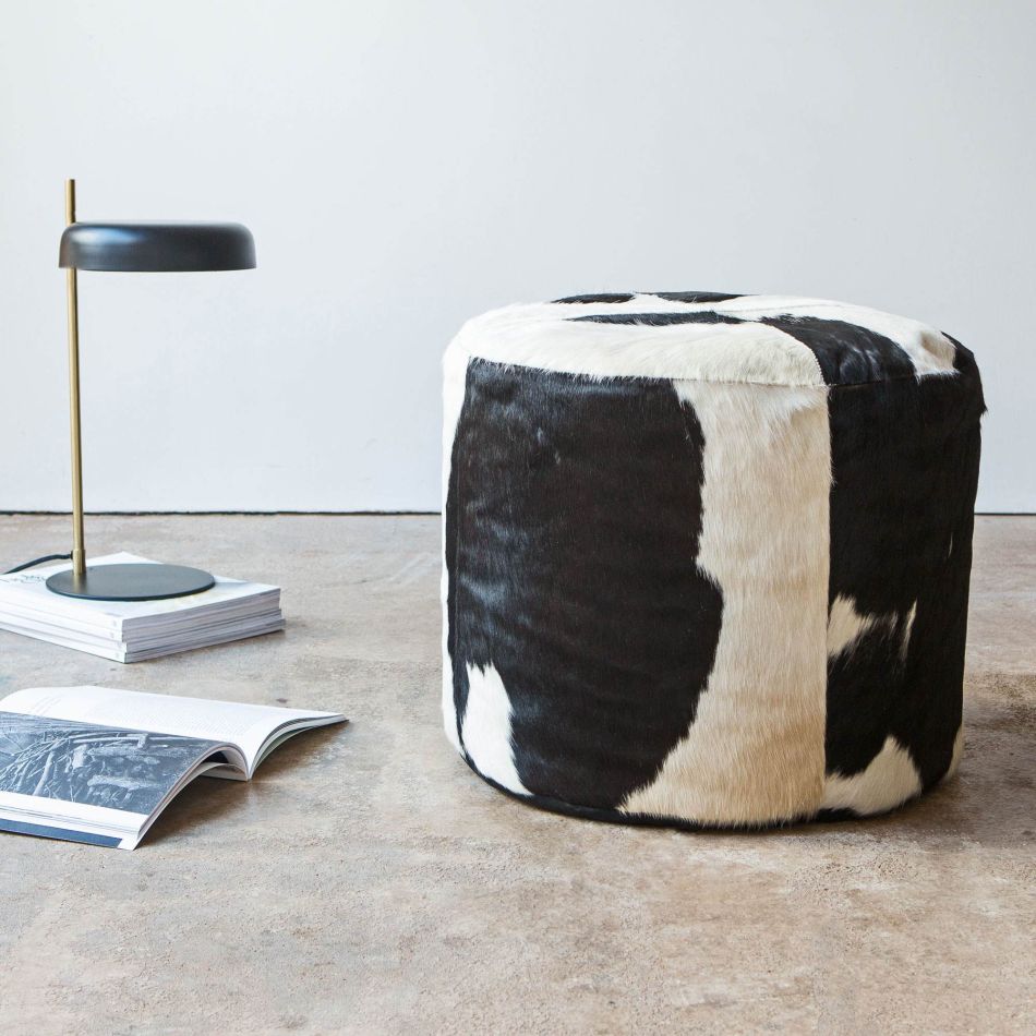 Round Black and White Cowhide Pouffe