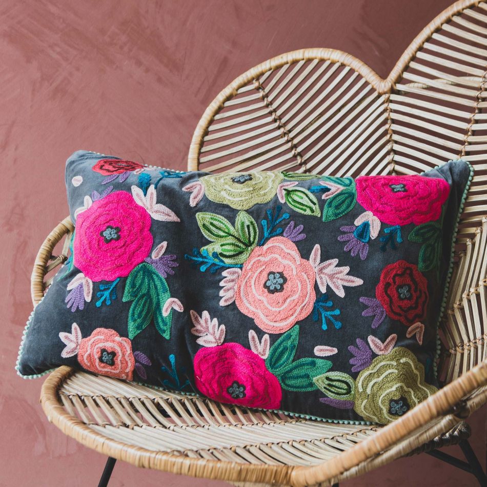 Rectangular Floral Embroidered Velvet Cushion