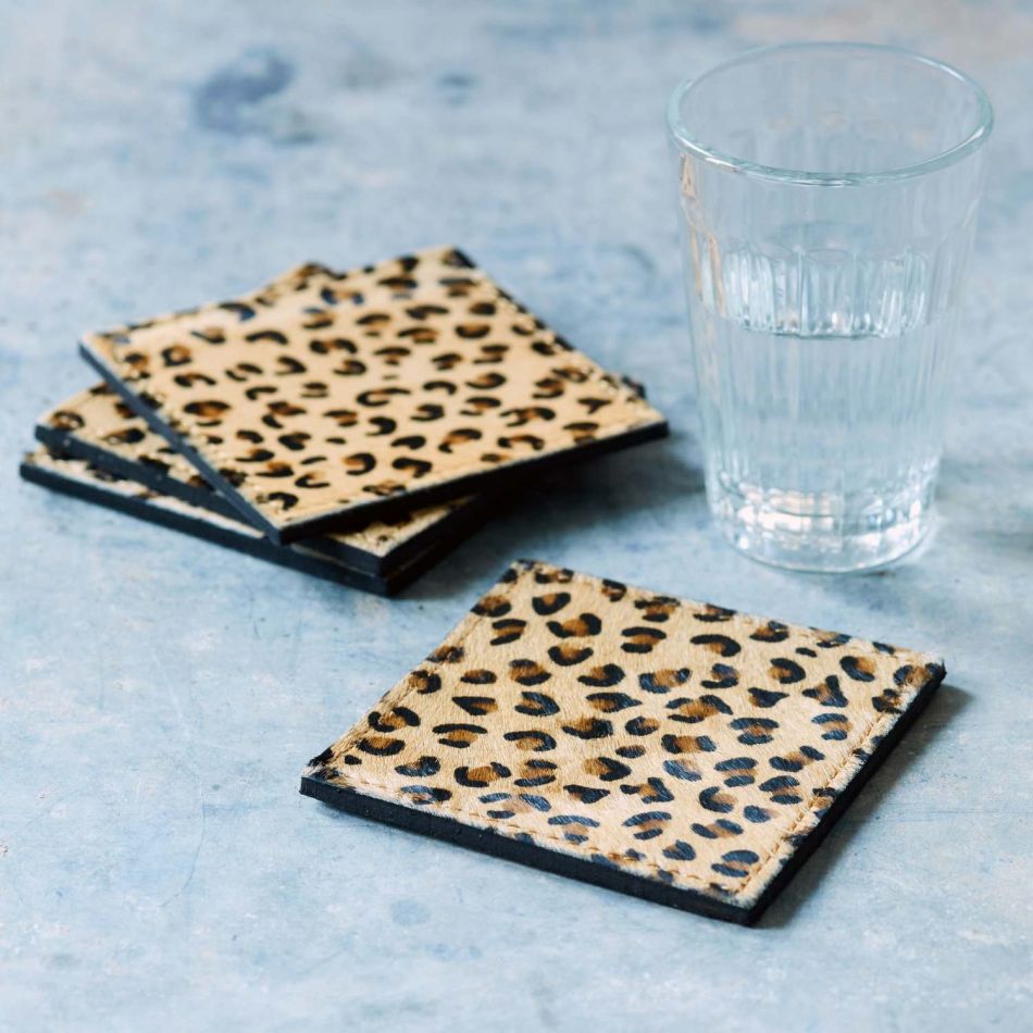 Set of Four Leopard Print Leather Coasters